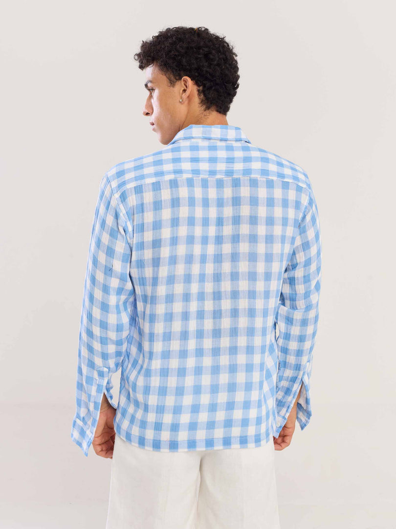 Light Blue Checked Gauze Holiday Shirt ( Pre-Order )