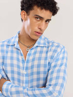 Load image into Gallery viewer, Light Blue Checked Gauze Holiday Shirt ( Pre-Order )

