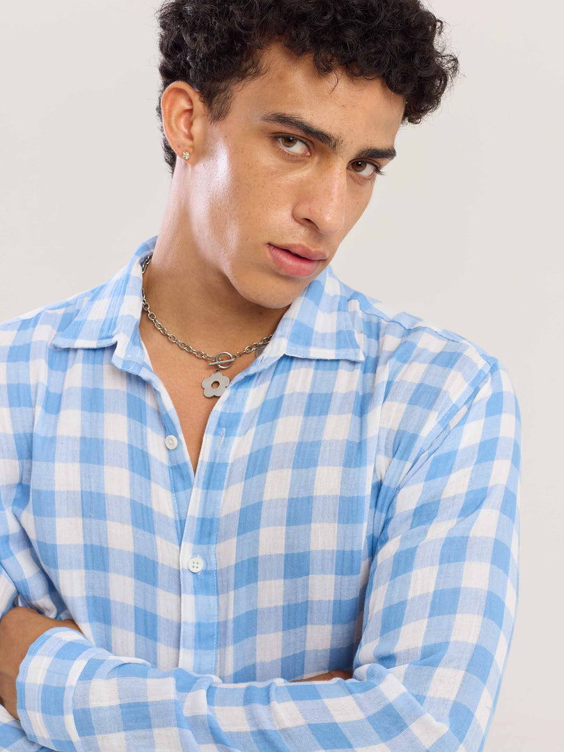 Light Blue Checked Gauze Holiday Shirt ( Pre-Order )