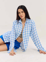 Load image into Gallery viewer, Light Blue Checked Gauze Holiday Shirt ( Pre-Order )
