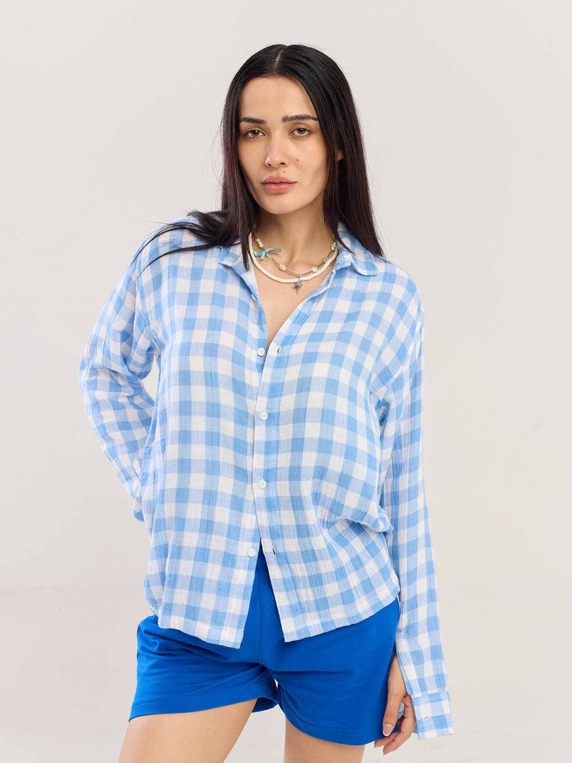 Light Blue Checked Gauze Holiday Shirt ( Pre-Order )