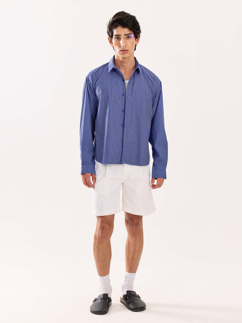 Dark Blue Striped Poplin Cropped Shirt