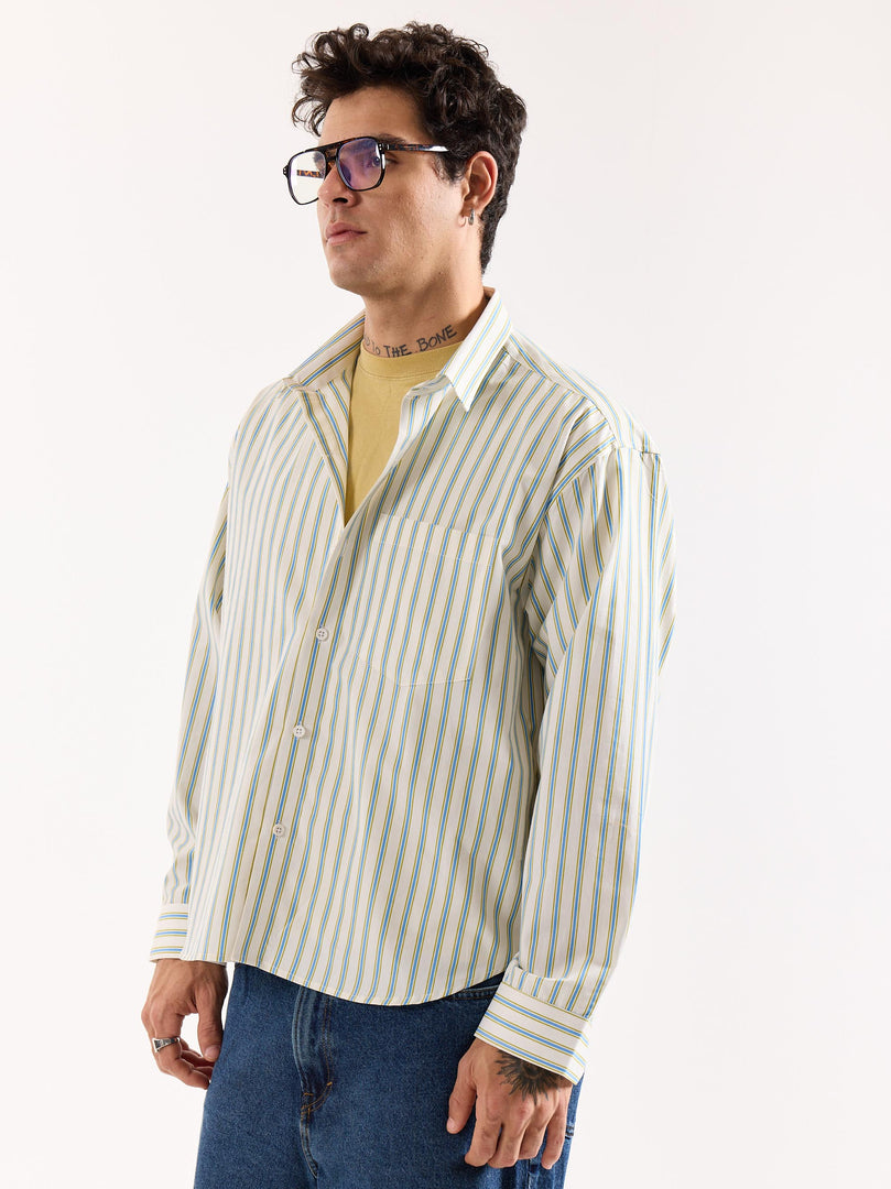 Cream & Blue Striped Poplin Oversized Shirt