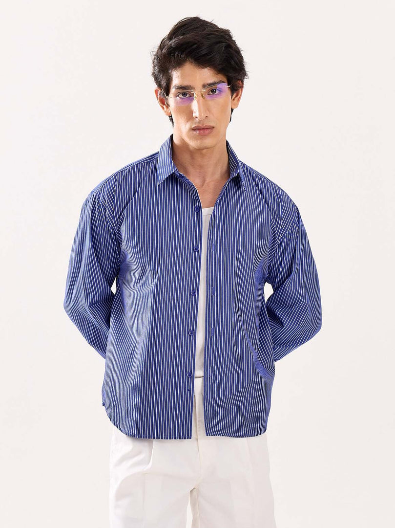 Dark Blue Striped Poplin Cropped Shirt