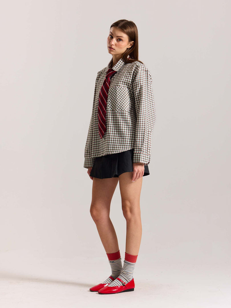 Off White Checkered Oversized Cropped Shirt