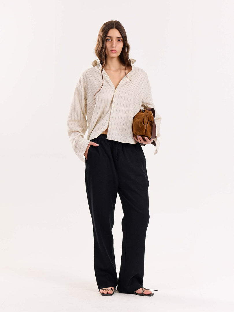 Natural Striped Linen Cropped Shirt