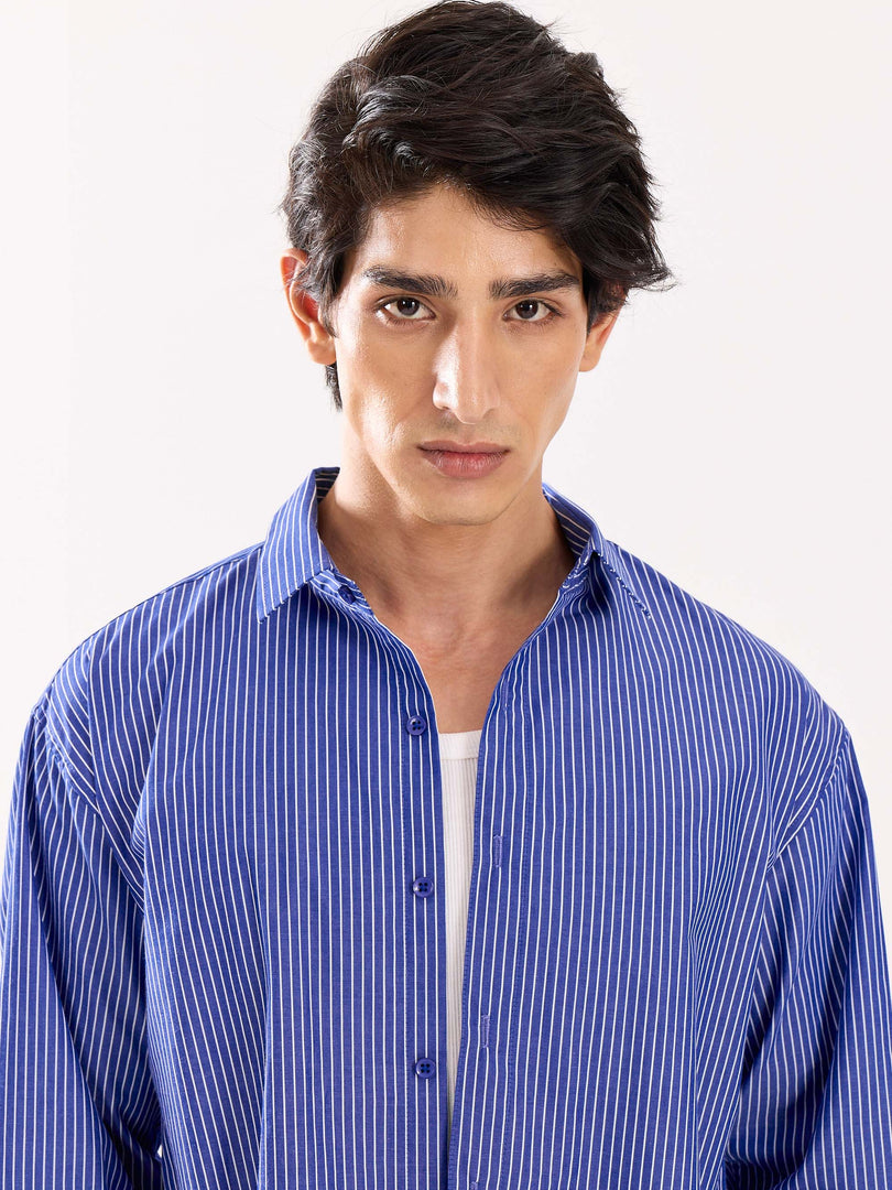 Dark Blue Striped Poplin Cropped Shirt