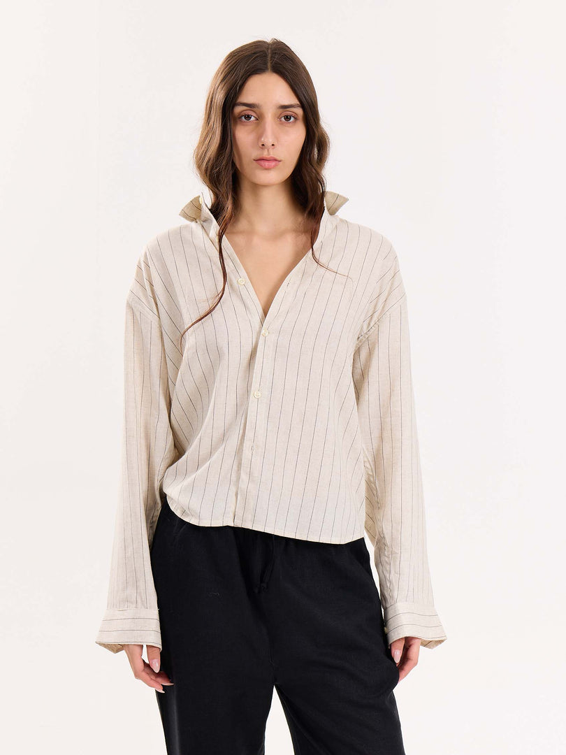 Natural Striped Linen Cropped Shirt