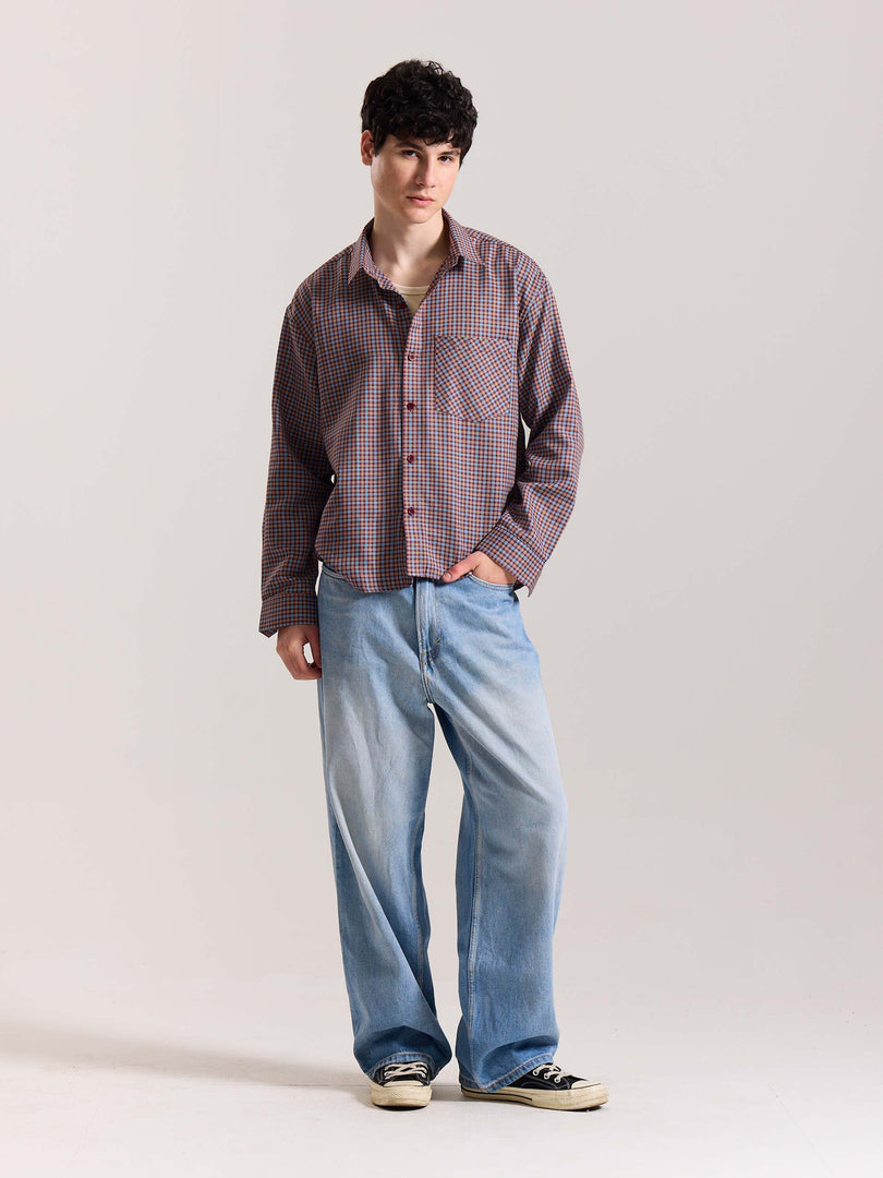 Burgundy & Blue Checkered Oversized Cropped Shirt