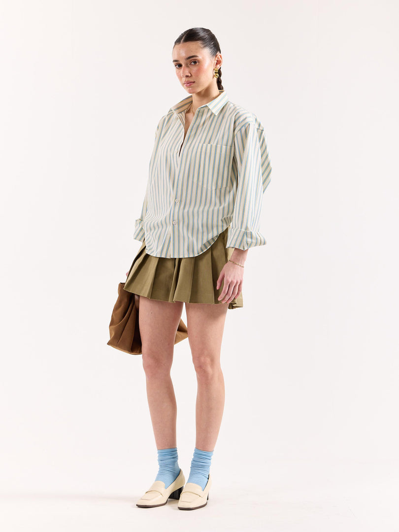 Cream & Blue Striped Poplin Oversized Shirt