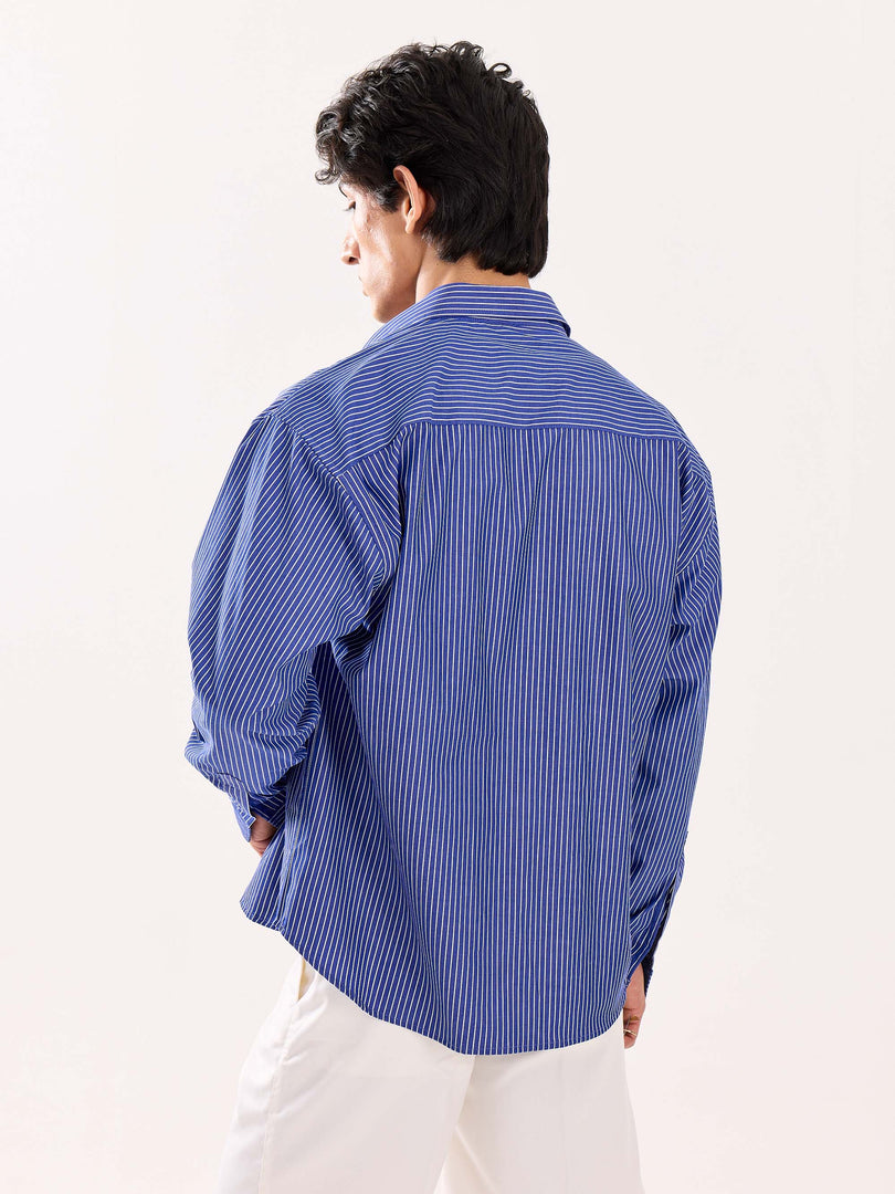 Dark Blue Striped Poplin Cropped Shirt