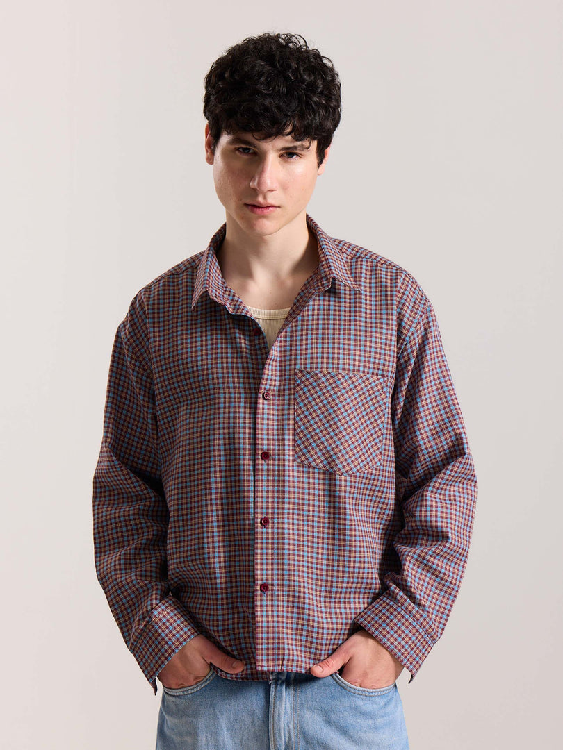 Burgundy & Blue Checkered Oversized Cropped Shirt
