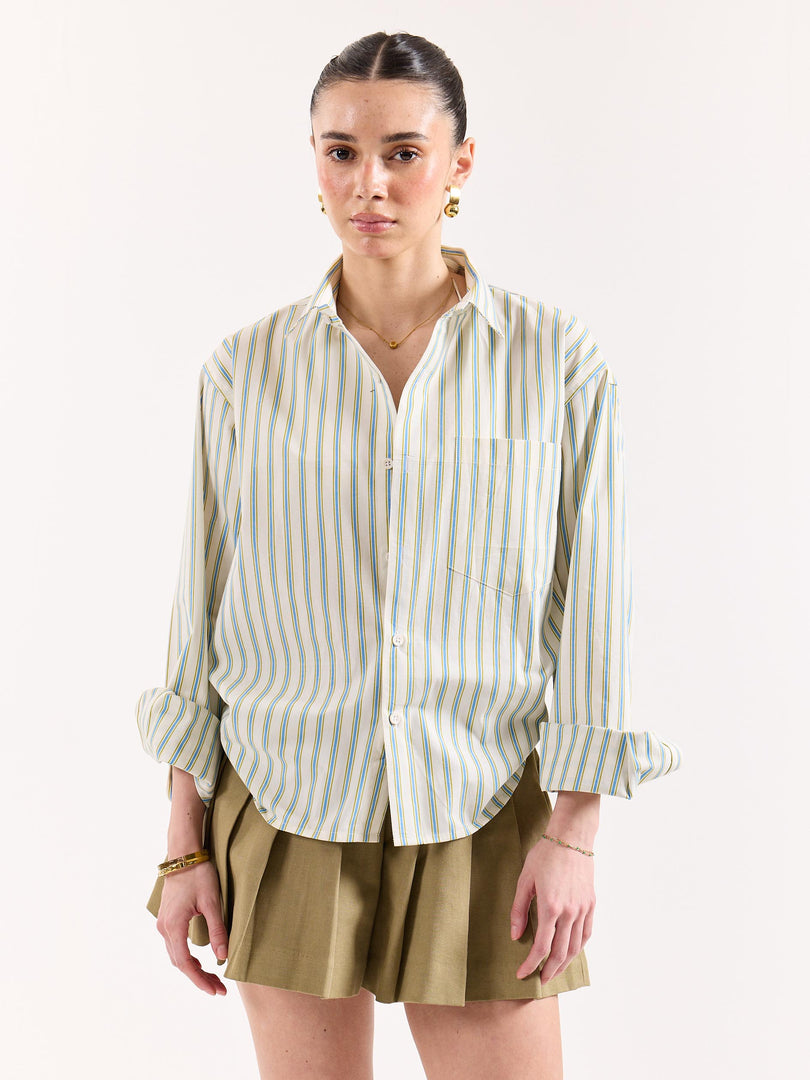 Cream & Blue Striped Poplin Oversized Shirt