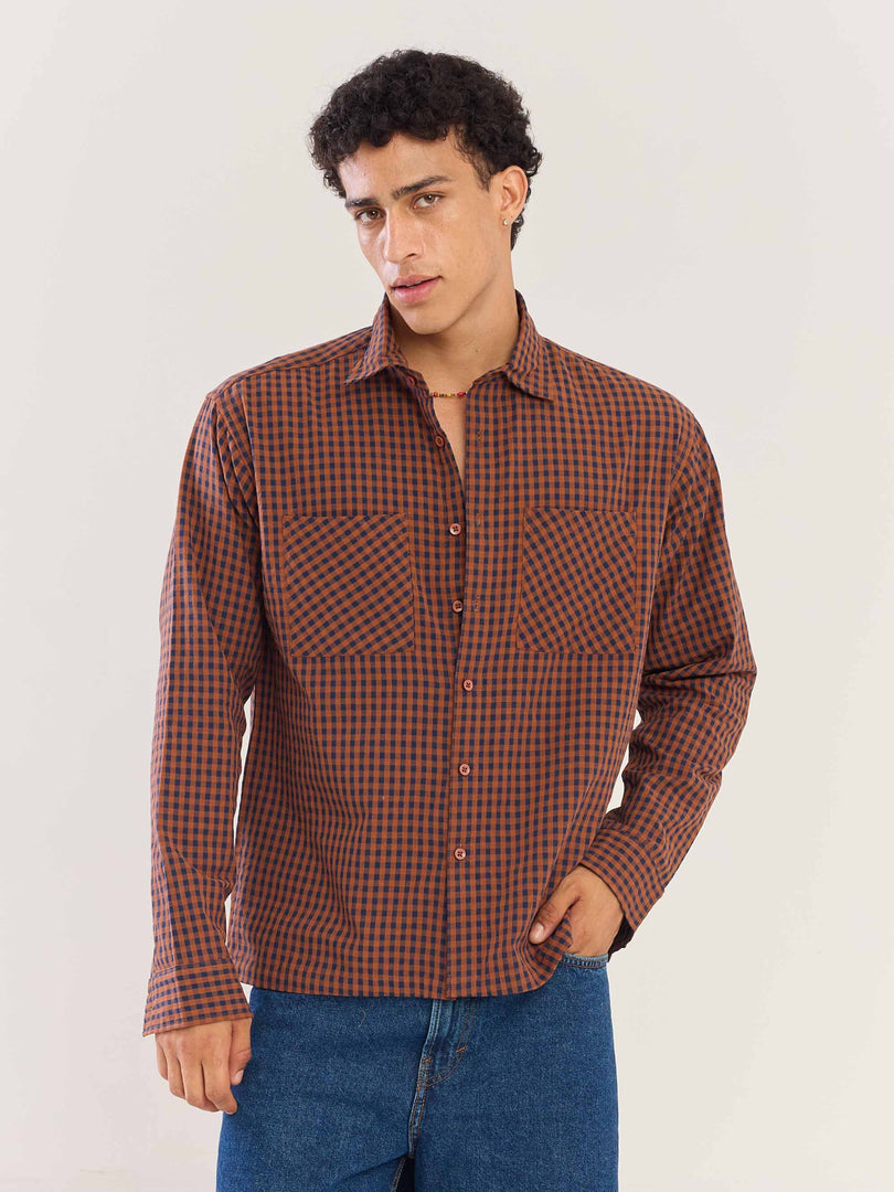 Brown Gingham Seersucker Shirt