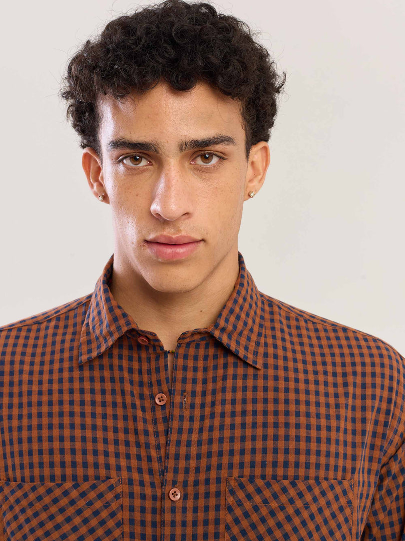 Brown Gingham Seersucker Shirt