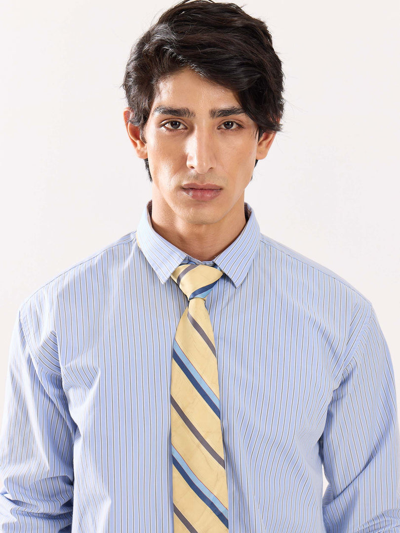 Baby Blue & Olive Striped Poplin Shirt