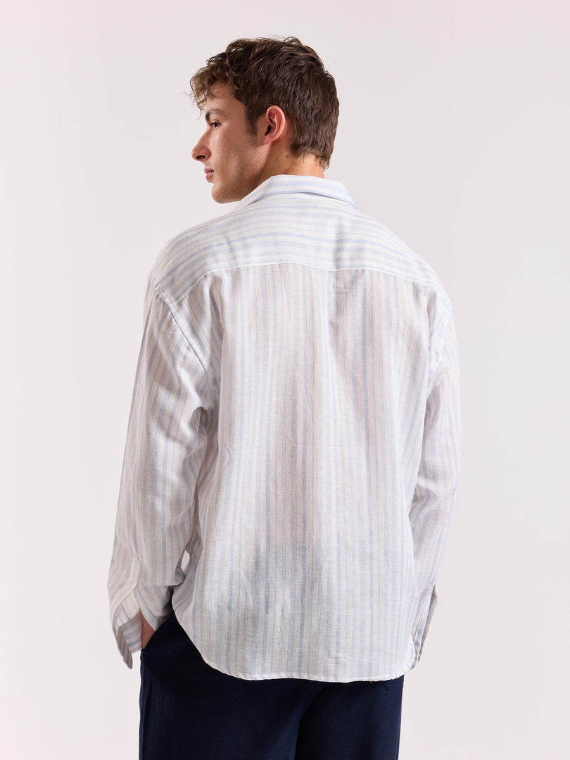 White & Blue Striped Linen Cropped Shirt