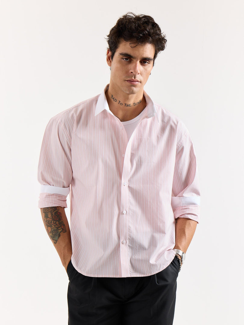 Light Pink Striped Contrast Collar Oversized Shirt