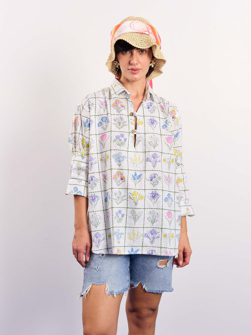 Floral Checkered Printed Linen Pullover