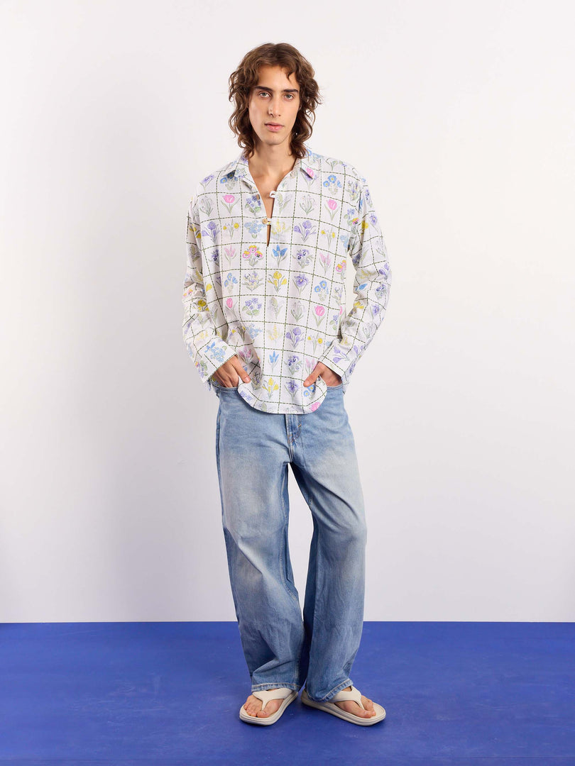 Floral Checkered Printed Linen Pullover