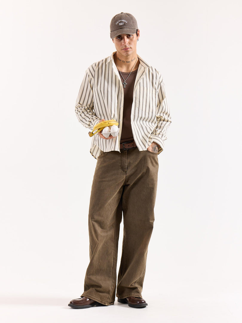 Cream & Brown Striped Poplin Oversized Shirt