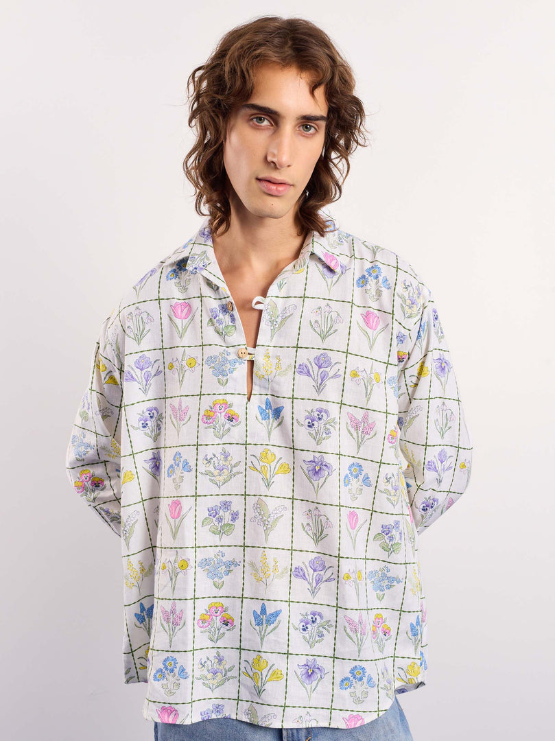 Floral Checkered Printed Linen Pullover