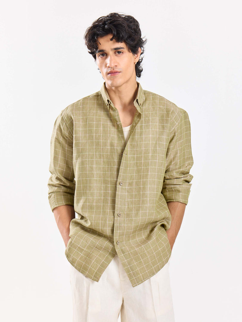 Pale Green Checked Irish Linen Shirt