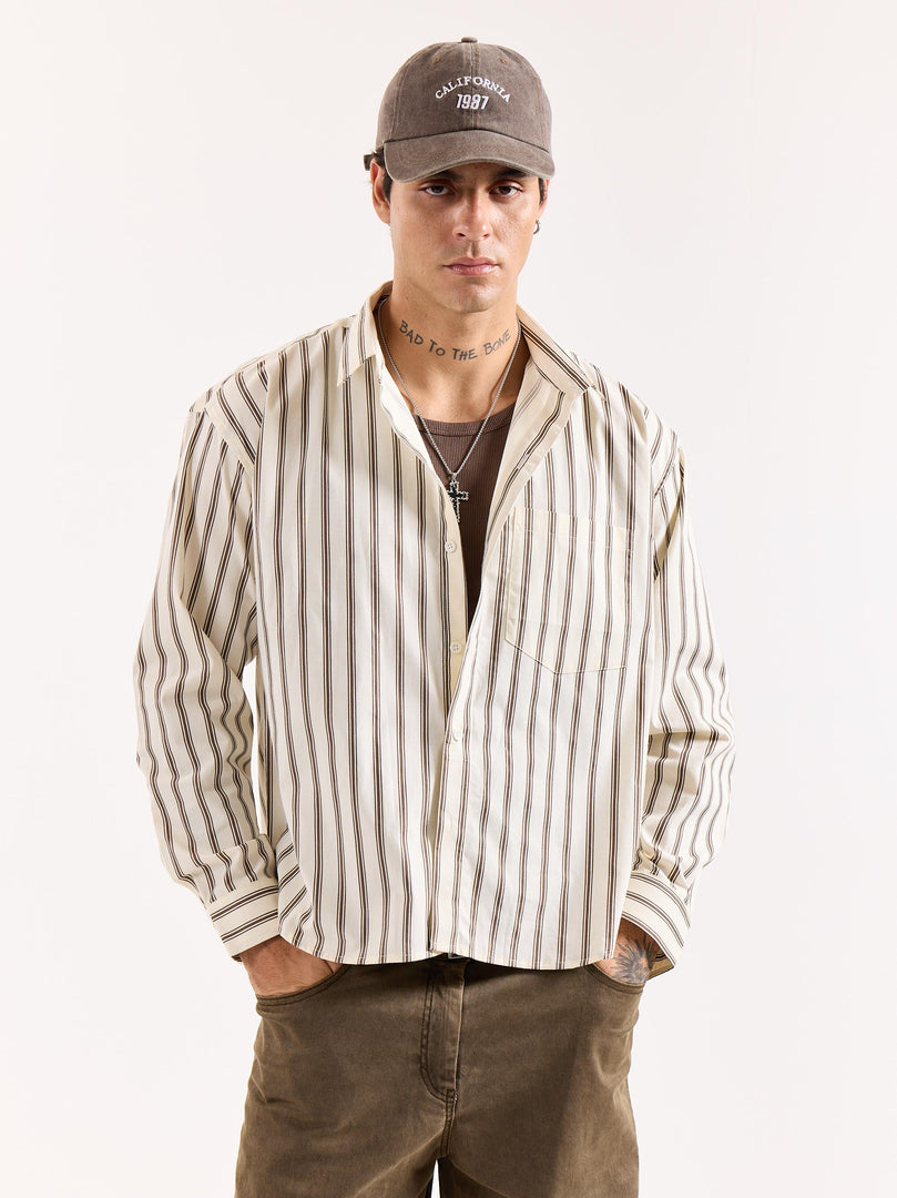 Cream & Brown Striped Poplin Oversized Shirt