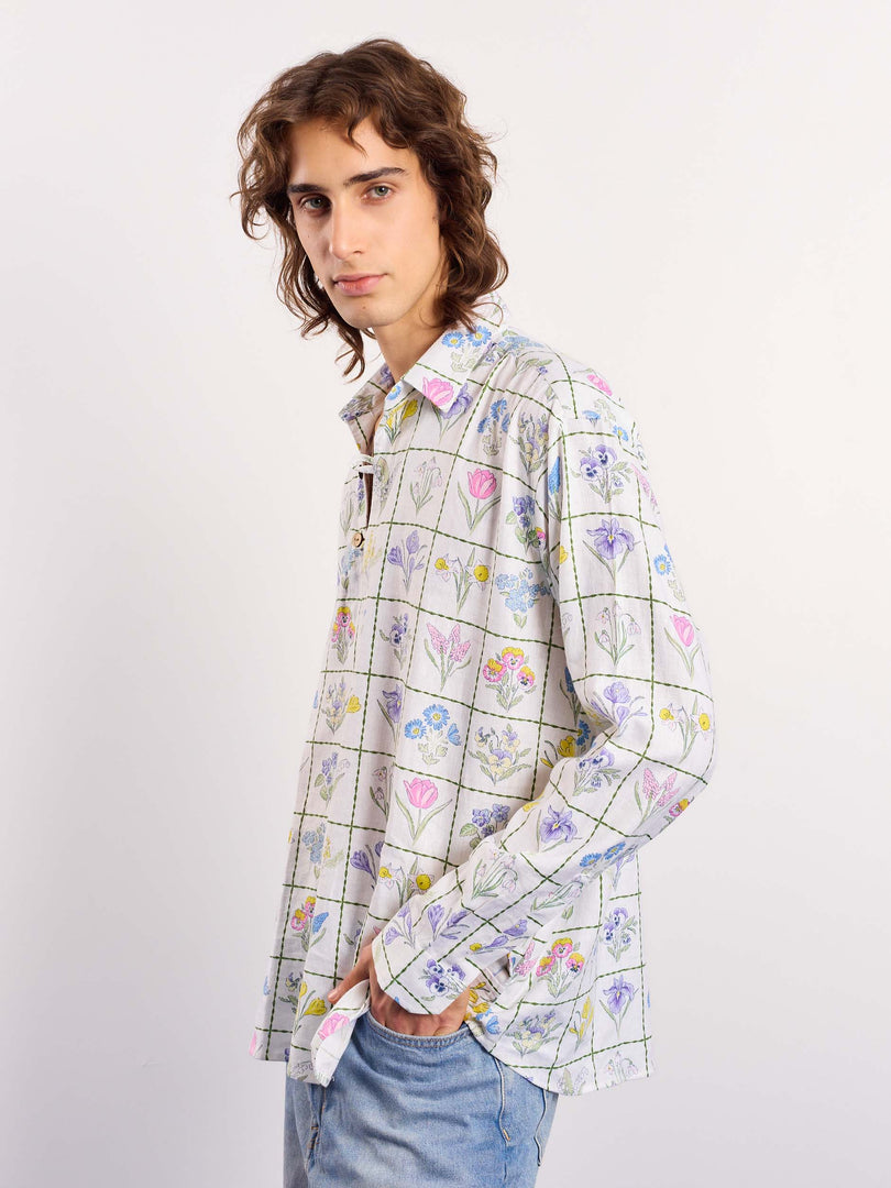 Floral Checkered Printed Linen Pullover