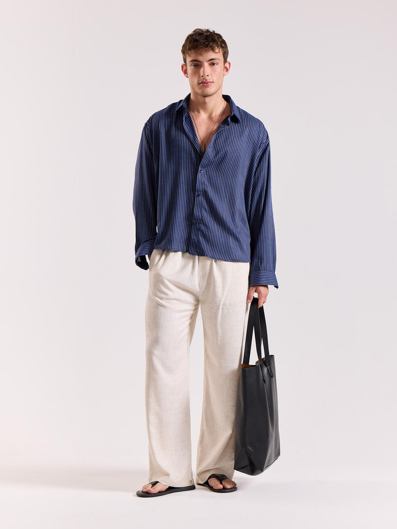Blue Pinstriped Linen Cropped Shirt ( Pre-Order )