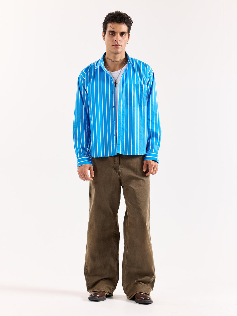 Turquoise Blue Striped Poplin Oversized Shirt