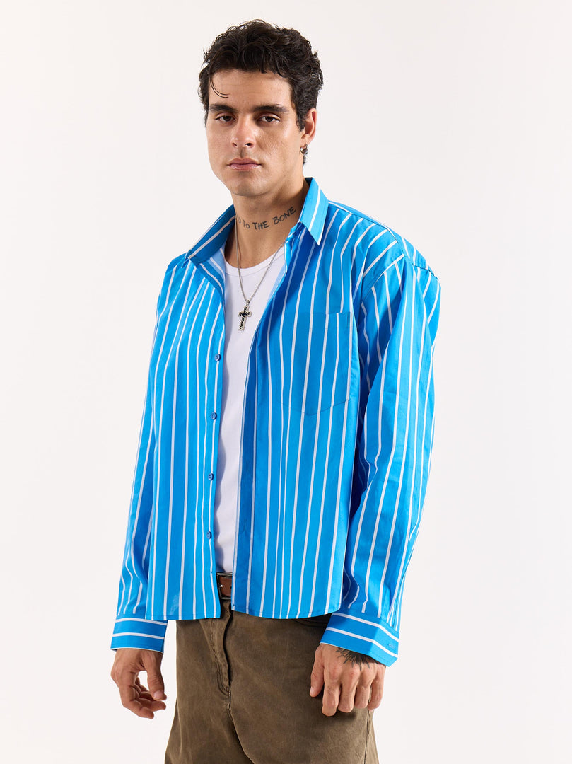 Turquoise Blue Striped Poplin Oversized Shirt