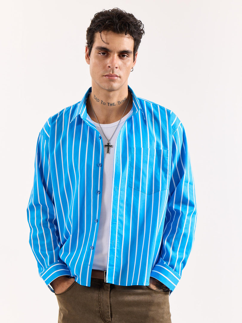 Turquoise Blue Striped Poplin Oversized Shirt