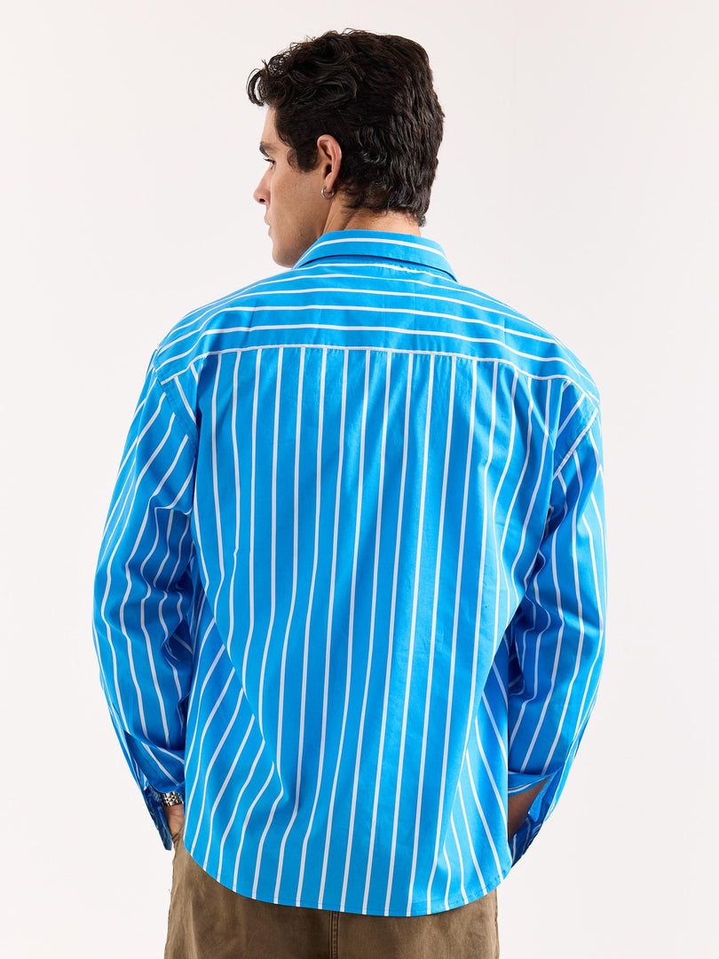 Turquoise Blue Striped Poplin Oversized Shirt