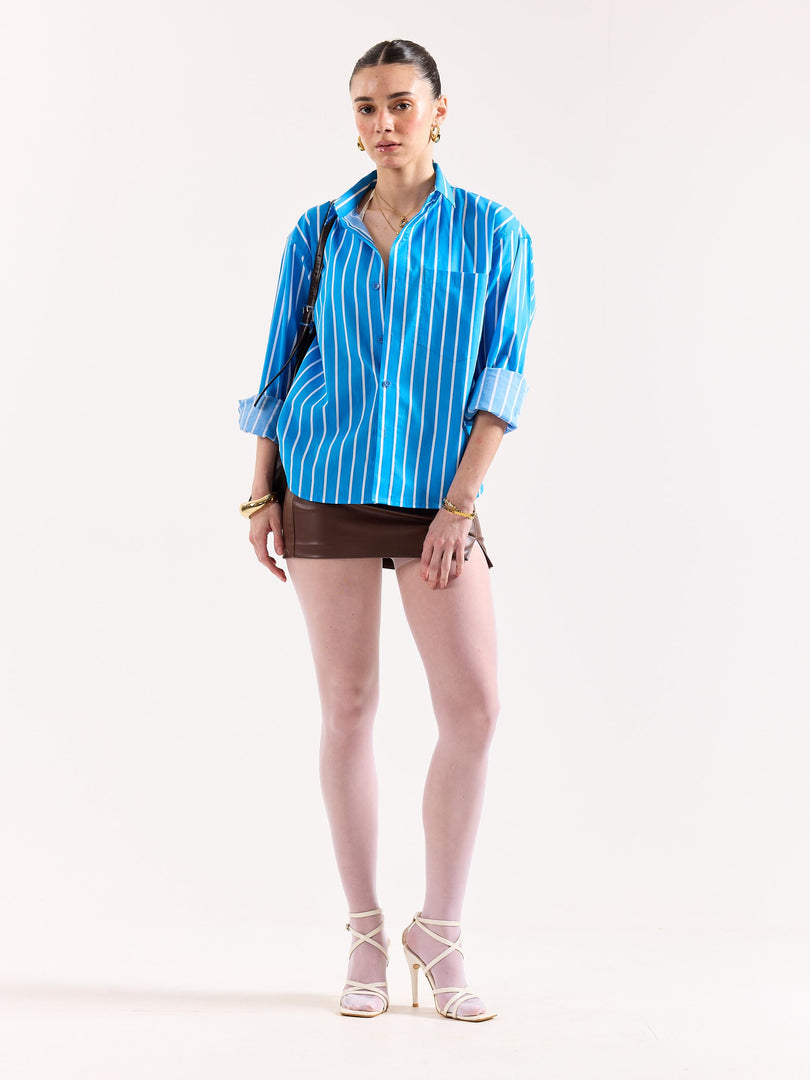 Turquoise Blue Striped Poplin Oversized Shirt