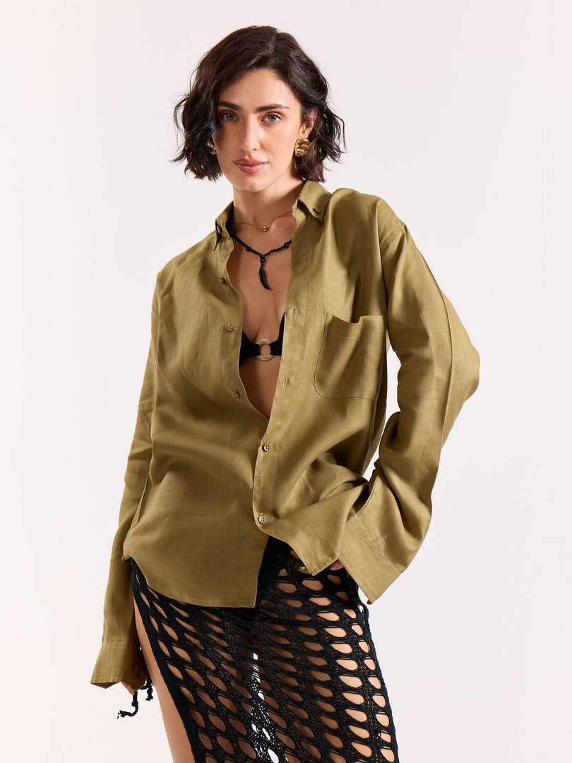 Khaki 60s Lea Linen Shirt