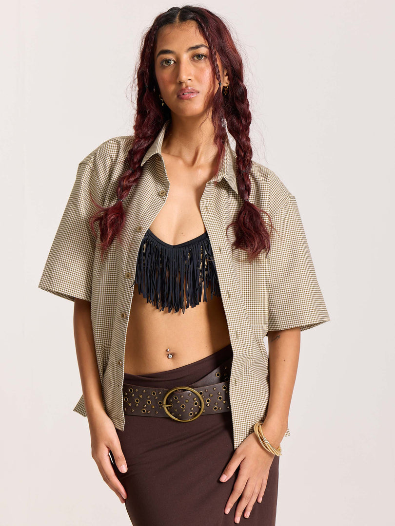 Brown Checkered Cropped Shirt