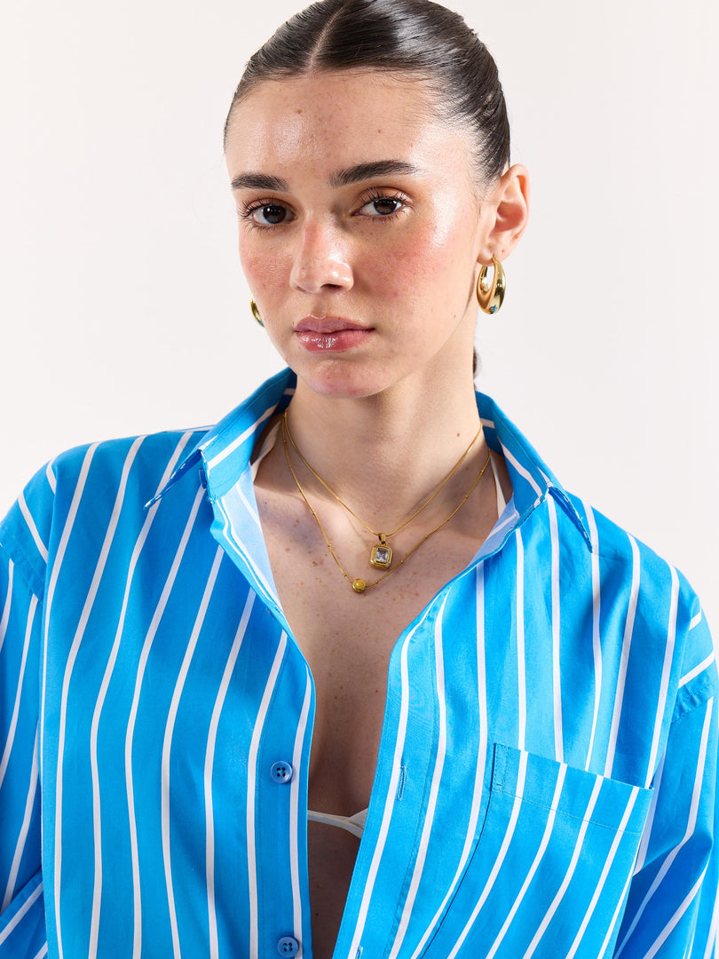 Turquoise Blue Striped Poplin Oversized Shirt