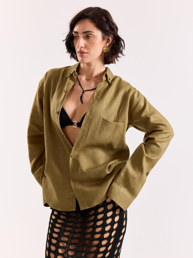 Khaki 60s Lea Linen Shirt