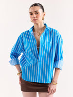 Load image into Gallery viewer, Turquoise Blue Striped Poplin Oversized Shirt
