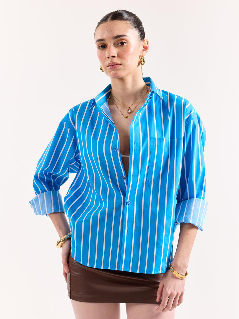 Turquoise Blue Striped Poplin Oversized Shirt