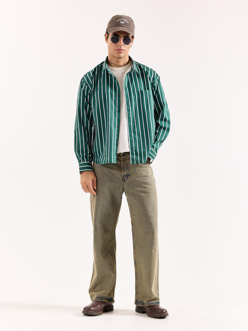 Emerald Green Striped Poplin Oversized Shirt