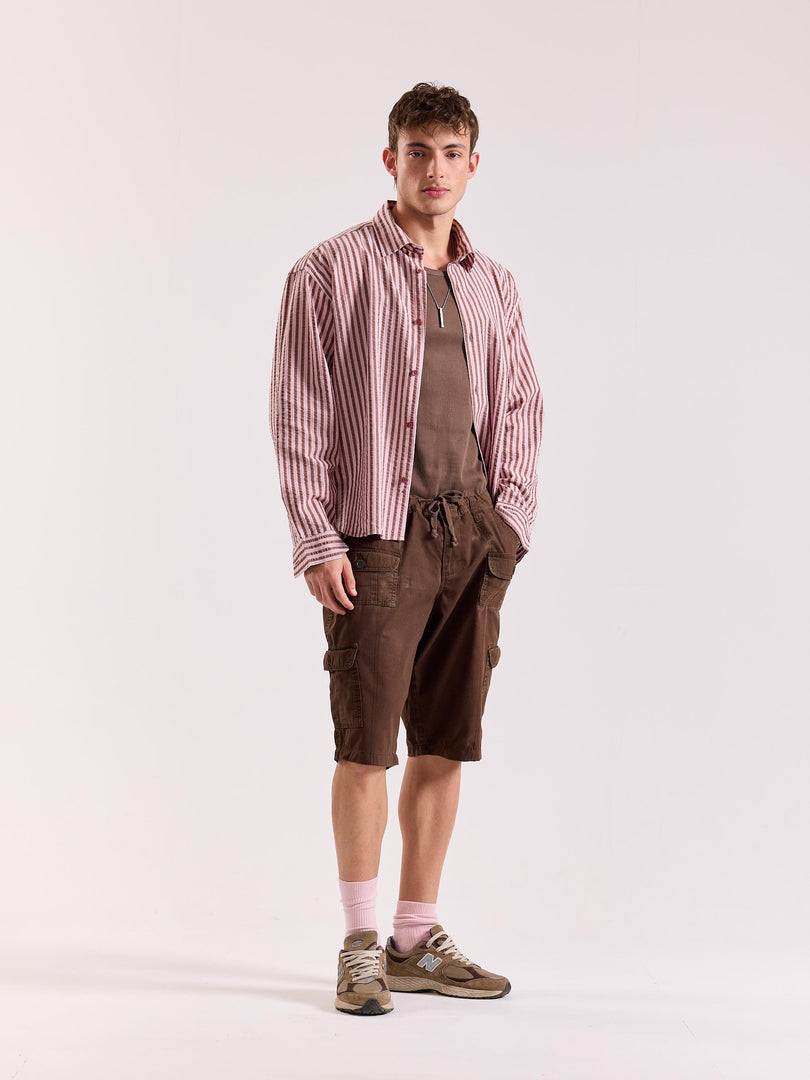 Brown & Pink Seersucker Oversized Cropped Shirt