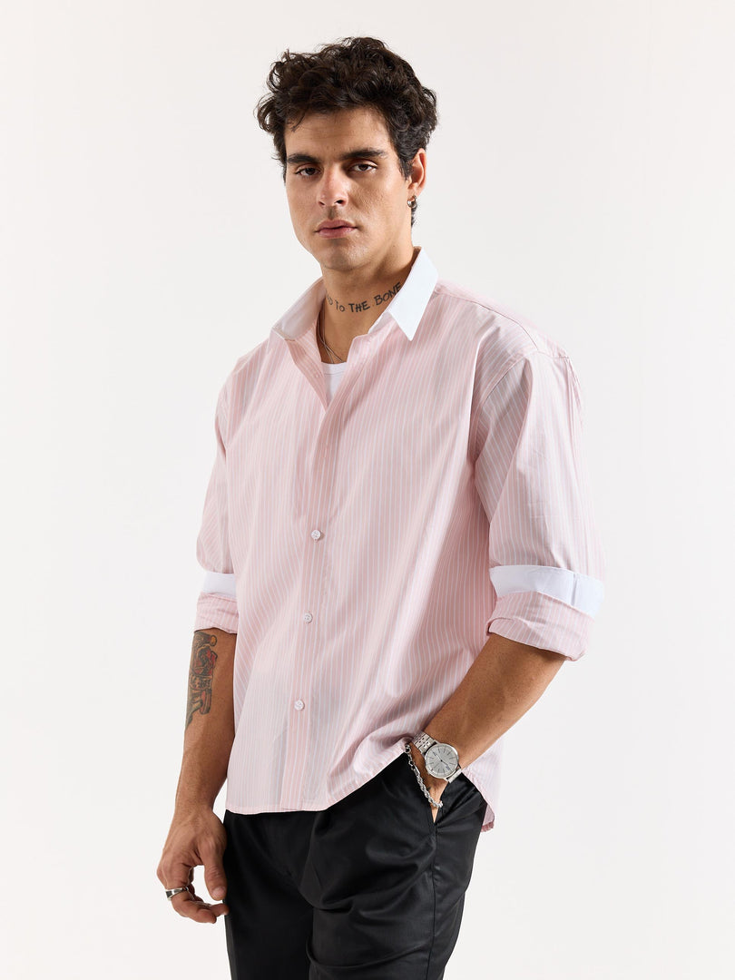 Light Pink Striped Contrast Collar Oversized Shirt