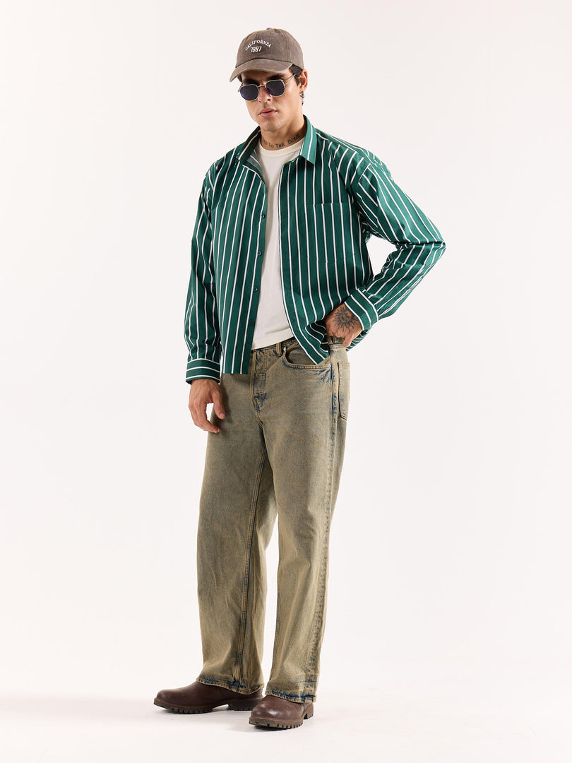 Emerald Green Striped Poplin Oversized Shirt
