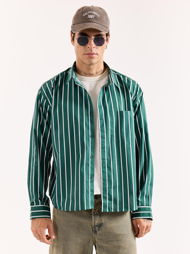 Emerald Green Striped Poplin Oversized Shirt