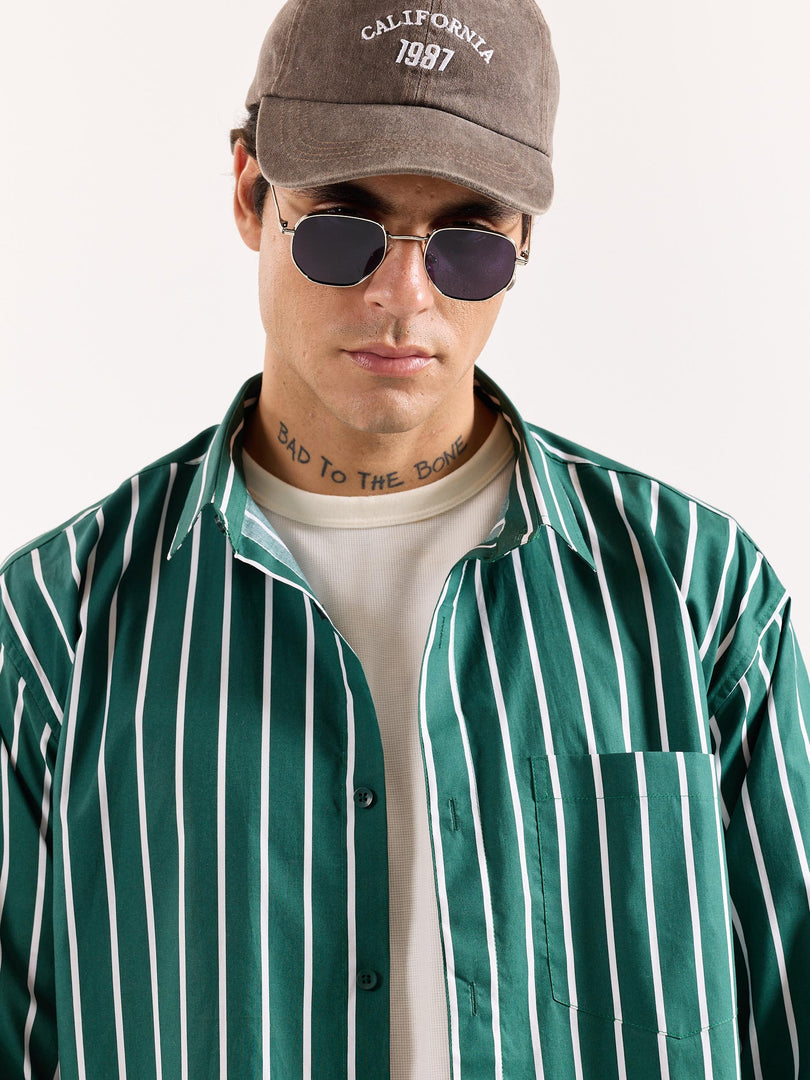 Emerald Green Striped Poplin Oversized Shirt
