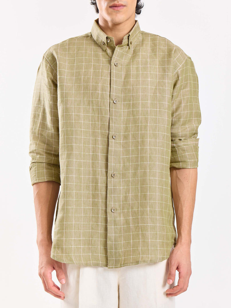 Pale Green Checked Irish Linen Shirt