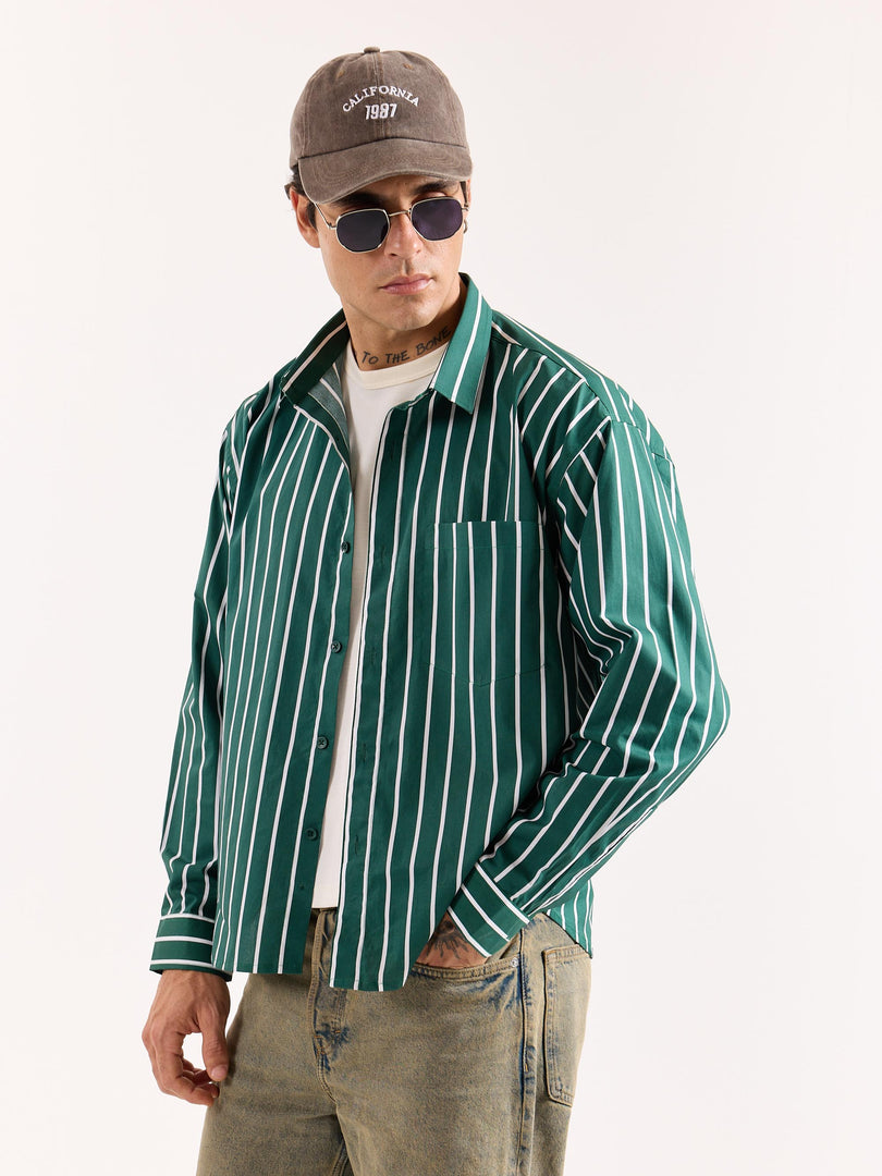 Emerald Green Striped Poplin Oversized Shirt