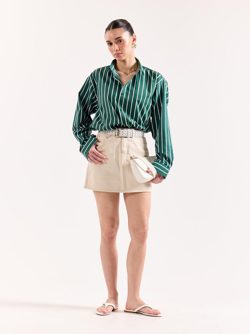 Emerald Green Striped Poplin Oversized Shirt